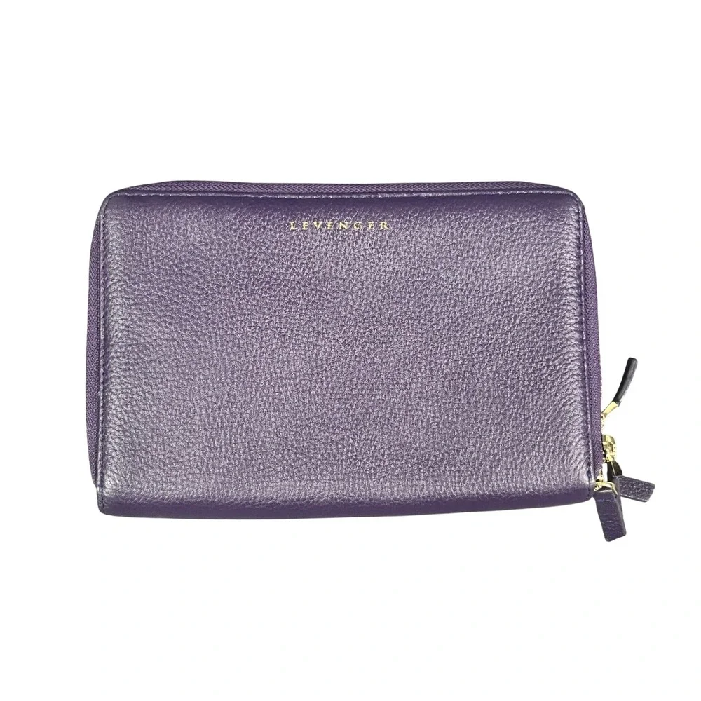 Levenger Purple Pebbled Leather Double Zip Wallet Organizer Phone Clutch Gold HW